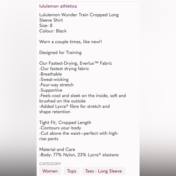 🍋 Lululemon Wonder Train Cropped Long Sleeve Shirt. 🍋 - Picture 7 of 7